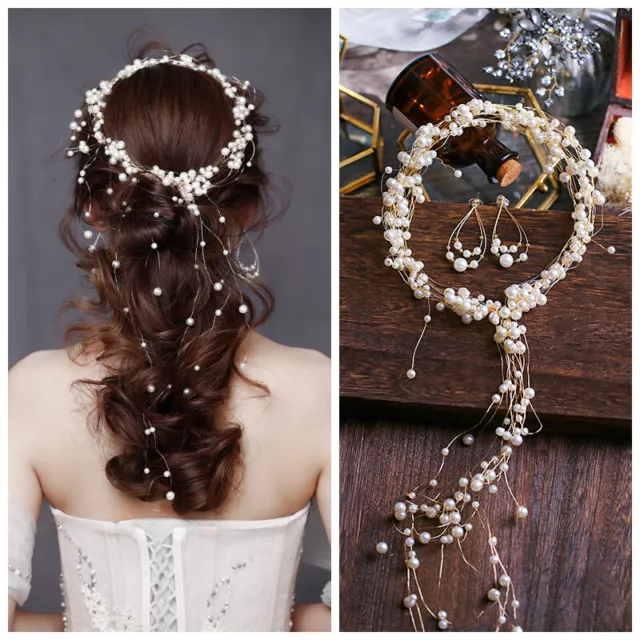 Womens Crystal Pearl Headband Bridal Vine Headpiece Hair Wedding Headdress Chain