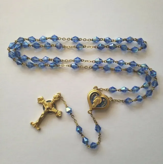 Vtg Rosary Blue Crystal Bicone Glass Beads Lourdes Enamel Center Medal Crucifix
