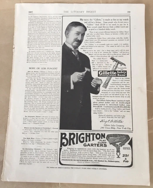 GILLETTE SAFETY RAZOR ad 1907 original vintage 1900s home decor art