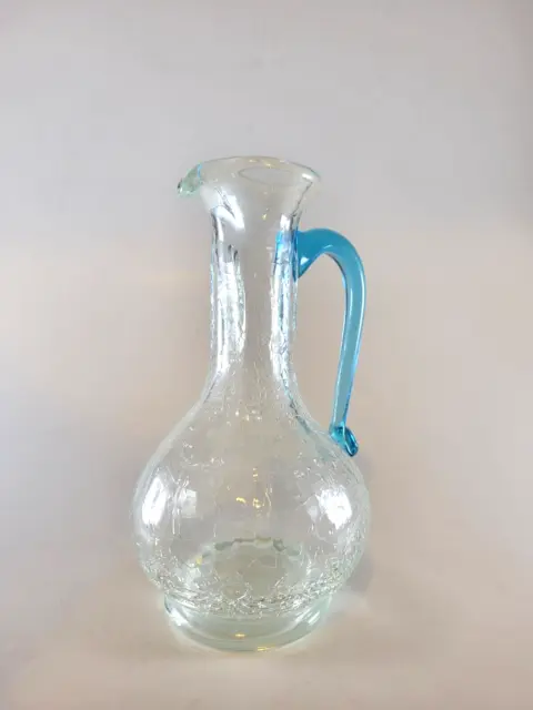 VINTAGE Light Clear and Blue Crackle Glass Mini 4.25” Pitcher Hand Blown