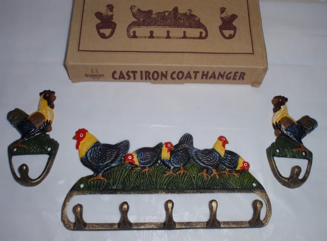 Cummins Cast Iron 3 pc Set Country Rooster Hens Chicken Wall Hooks Hangers -NIB