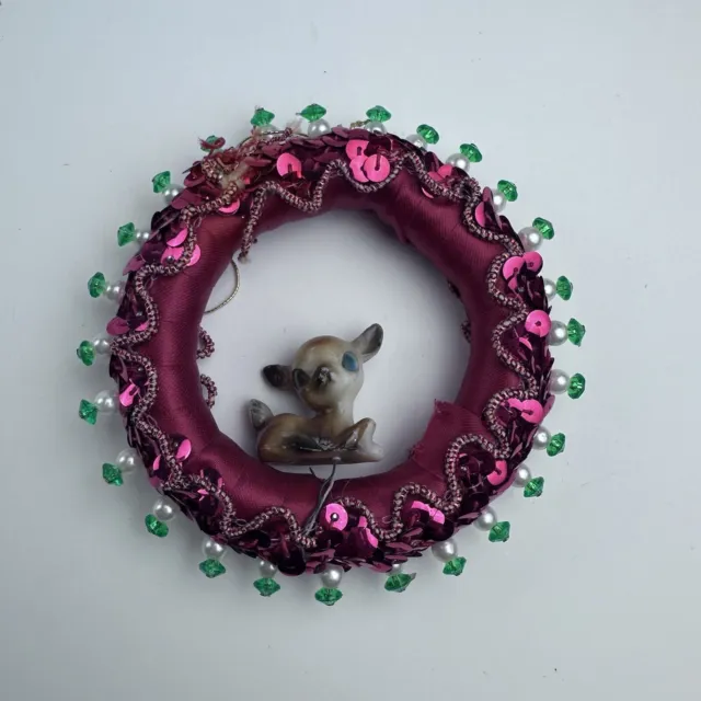 Vintage red sequin wreath with small deer in center ornament