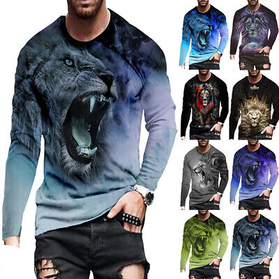 Mens 3D Print Animal Long Sleeve T Shirt Casual Slim Crew Neck Pullover Tops Tee