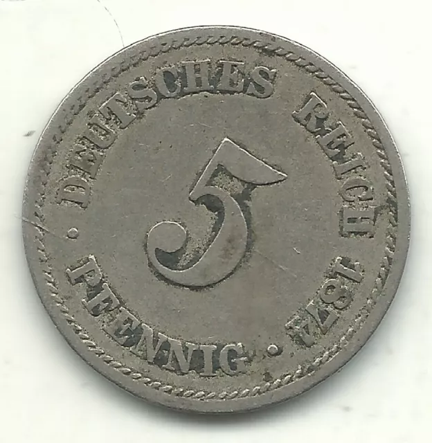 Very Fine 1874 A Germany 5 Pfennig Coin-May520