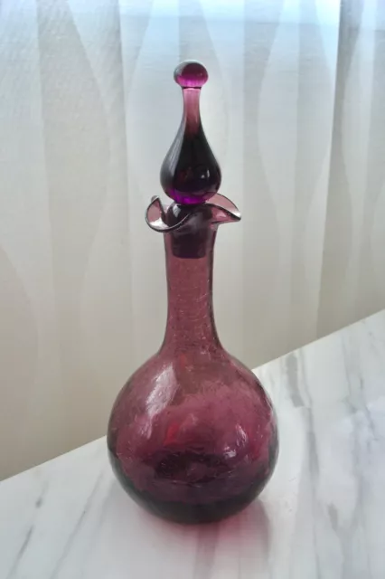 Vintage Mid-Century Modern PURPLE CRACKLE Glass DECANTER MCM w/Teardrop Stopper