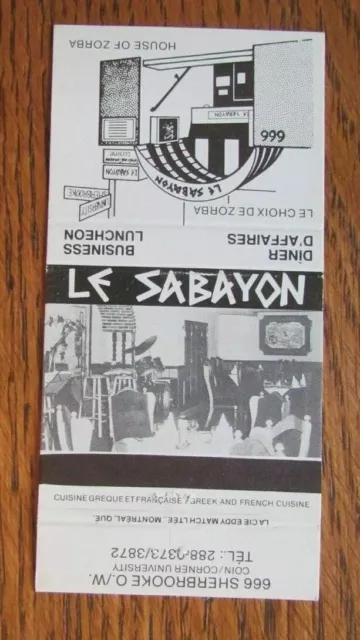 Greek Restaurant Matchbook Matchcover: Le Sabayon (Montreal, Quebec) -E8