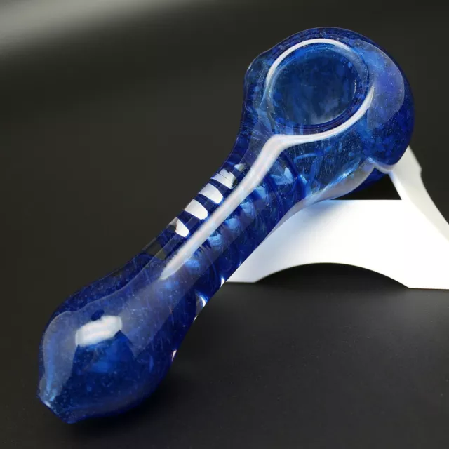 4.5" Spiral Heavy Glass Smoking Pipe Thick Blue Smoke Bowl Tobacco Spoon Hand