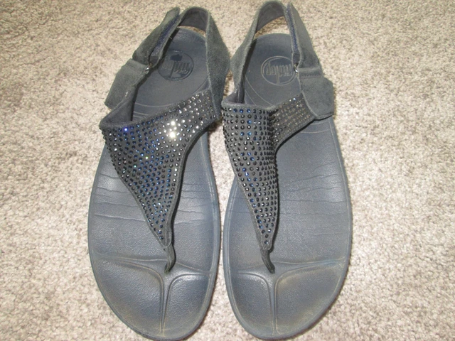 Womens Fitflop Black Diamonte Slingback Toe Post Thong Sandals Uk 7 Eu 41