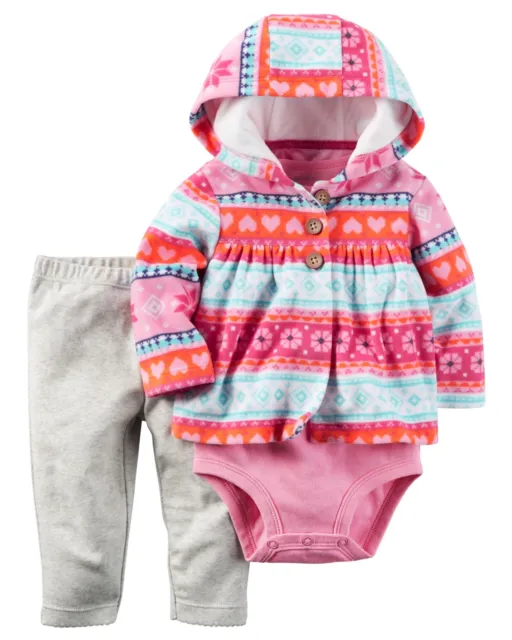 Carter's NWT 3M 6M 12 18 24 Infant Girl Fleece Hooded Cardigan Bodysuit Pant set