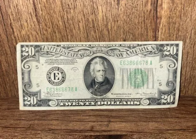 1934-A Twenty Dollar Bill $20 Green Seal Federal Reserve Note Old U.S. Currency