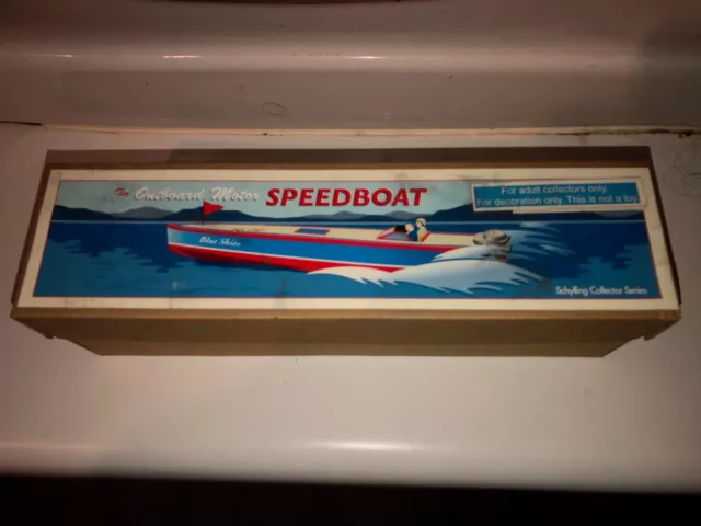 Schylling Tin Mechanical Wind-Up ONE Speedboat with box- Rare Version BLUE SKIES 3