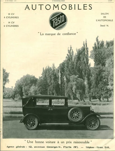 Publicité ancienne voiture automobile FASTO 1926 issue de magazine