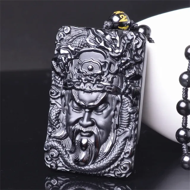 Natural Black Obsidian Carved GuanGong Dragon Lucky Pendant Amulet Necklace Gift