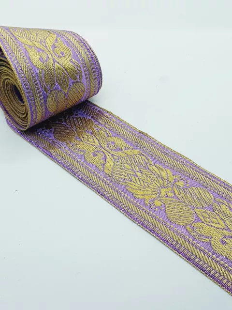 55mm metallic gold lilac jacquard embroidered ribbon applique motif trimming