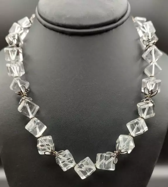 QVC Suarti Sterling Silver Crystal Quartz Square Cube Bead Necklace 18" Art Deco