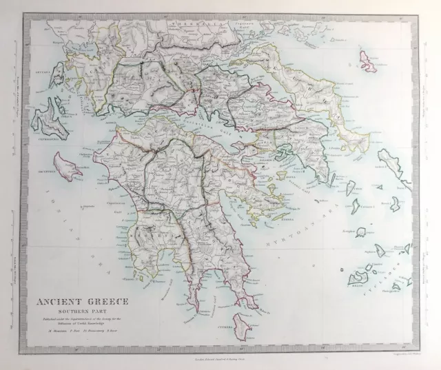ANCIENT GREECE, ATTICA, ARCADIA, LACONIA, original antique map, SDUK c.1858
