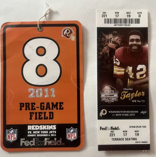 Washington Redskins Vs New York Jets 12/4/2011 ticket stub and Field Pass Taylor