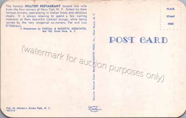 Penn Yan, NY: Hilltop Cocktail Lounge - Vintage New York Restaurant Postcard 2