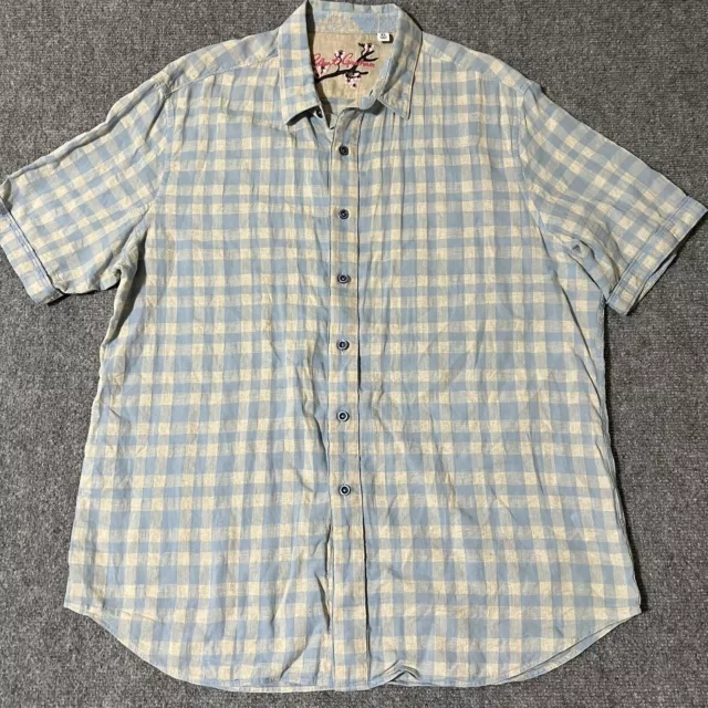 Robert Graham Button Up Shirt Mens XL Classic Blue Ivory Checkered Linen Blend