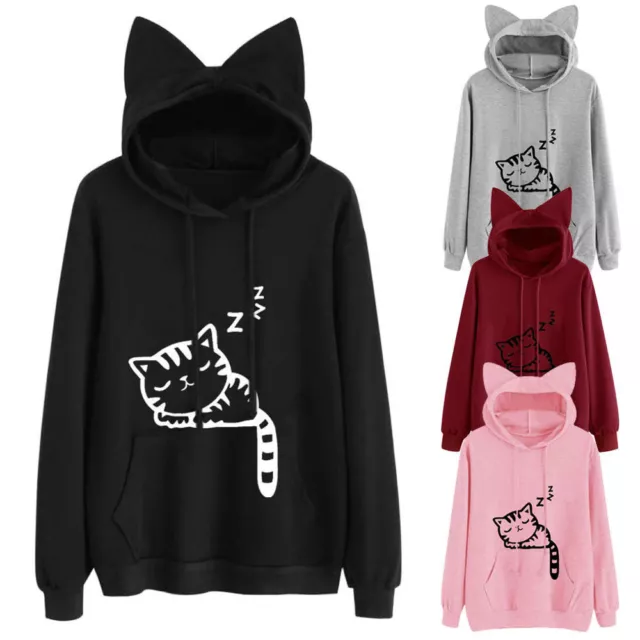 Women Sweatshirt Cat Ear Hoodie Sweatshirt Casual Long Sleeve Pullover Blouse