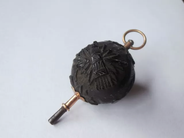 Antique Carved Black Cinnabar Lacquer Asian 14k Gold Pocket Watch Winding Key
