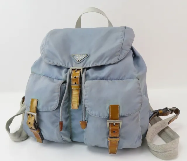 Authentic PRADA Blue Nylon and Gold Leather Backpack Bag Purse #55935