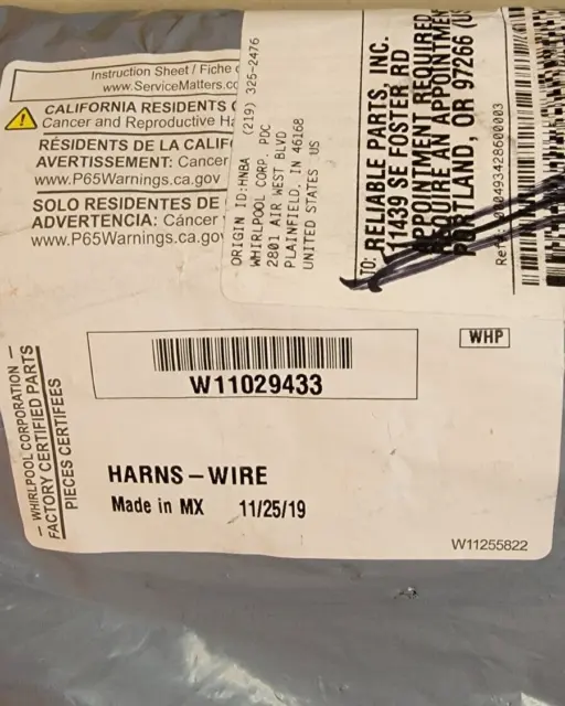 NEW Whirlpool Factory Certified Part # W11029433 - Refrigerator Wire Harness