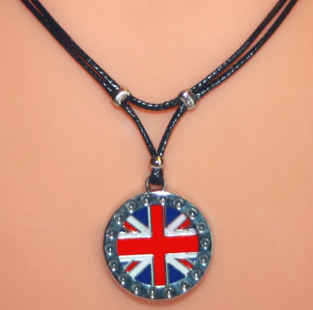 Collier médaillon drapeau anglais rond Union Jack cordon noir pendentif métal