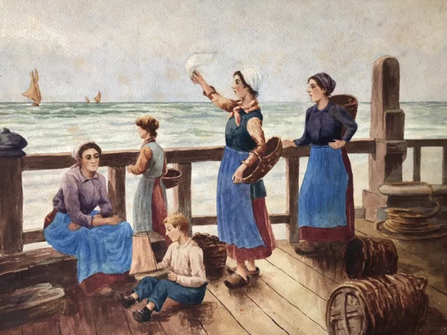 Dessin L'attente des Pêcheurs en Normandie aquarelle Ec Française Fin 19e