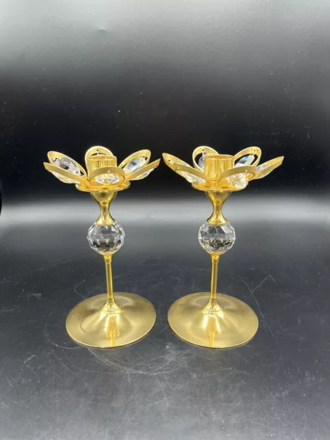 Pair Of Vintage 24k Gold Plated Candleholders By Lövsjö Sweden Flowers Crystal