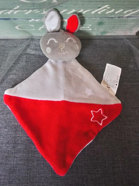 Doudou plat lapin gris rouge blanc étoiles Siplec + cadeau