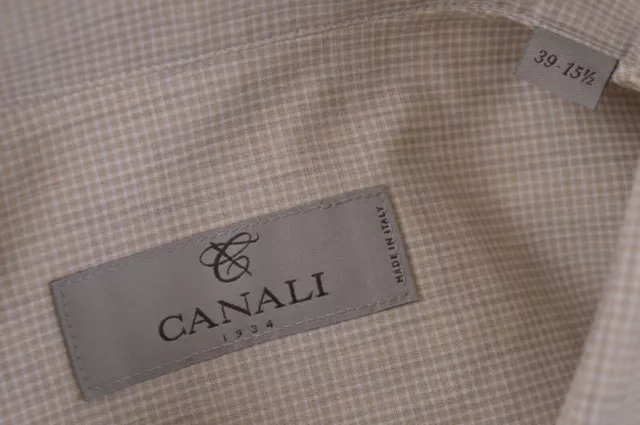 Canali NWT Dress Shirt 15.5 39 Light Tan/Brown W/ Small White Plaid Modern Fit 2