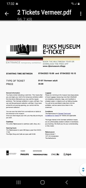 07. April Vermeer Exhibition Amsterdam 2 Tickets