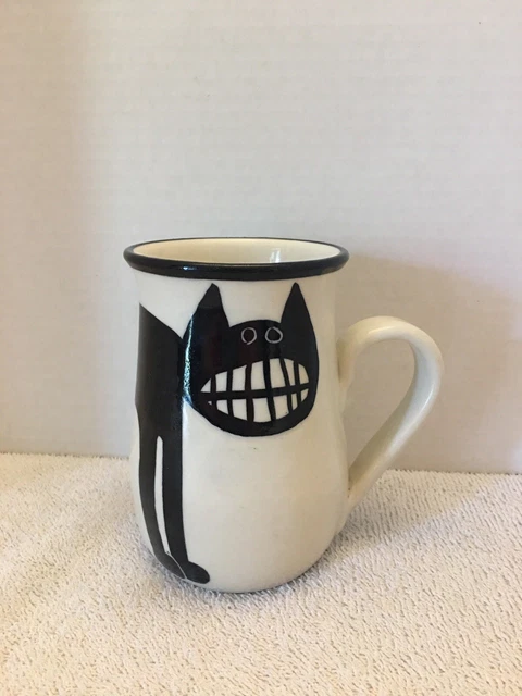 Karen Donleavy Cat Mug Toothy Black Cat Appears Hand Painted & Hand Thrown