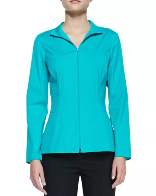 Lafayette 148 New York Stretch-Cotton Zip-Front Blouse Size 8 Teal Color