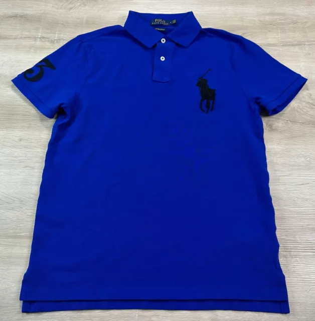 New Men's Authentic Ralph Lauren Big Pony Polo Shirt Slim Fit Stretch Royal  Blue