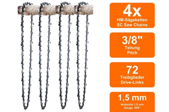 2 Sägeketten Für Castel CS60 Motorsäge – 50 Cm Schnittlänge, 3/8 Zoll, 72 Treibglieder, 1,5 Mm