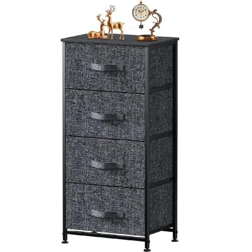 4 Drawer Fabric Dresser Storage Tower, Dresser Chest with Wood Top, Black