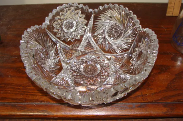 American Brilliant Cut Glass Serving Bowl 8 1/4" Hobstar Pinwheel Mint Crystal