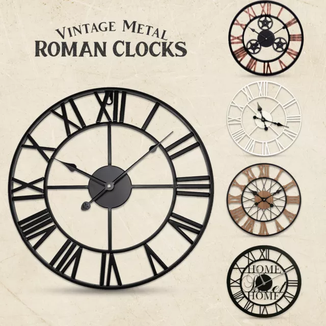 Roman Numeral Round Open Face Large Wall Clock Skeleton Garden Clock Home Decor