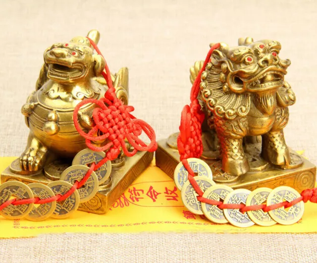 3.6"H Vintage Pair sacred Brave troops Bronze dragon Pixiu statue ~Wish U Wealth