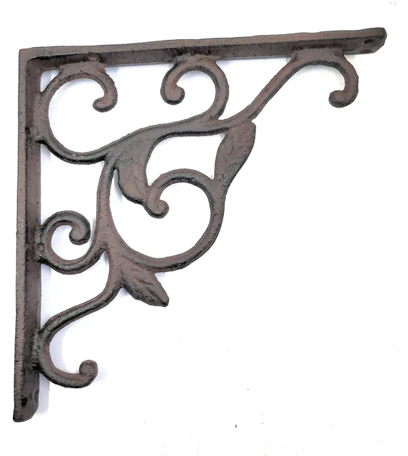 Set of 3 Cast Iron Shelf Support Brackets Rustic Leaf Vine Design
