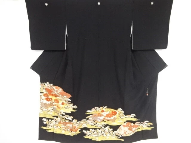 82433# Japanese Kimono / Antique Tomesode / Embroidery / Floral Plants & Jig