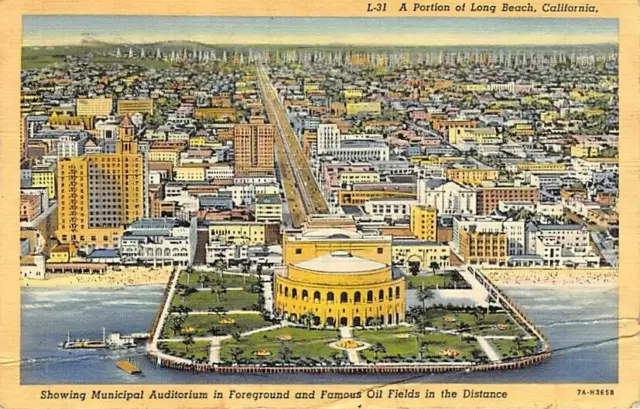Postcard CA: Aerial View of Long Beach, California, Linen, Posted 1940