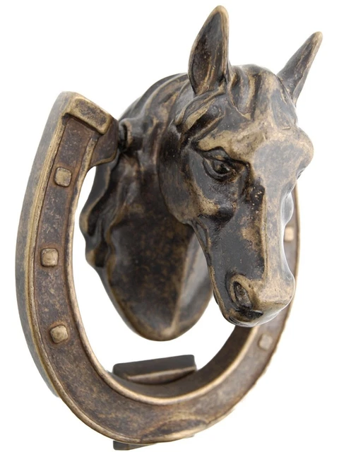 Heurtoir de porte / Marteau d'entrée de maison en laiton - Tête de cheval et fer 2