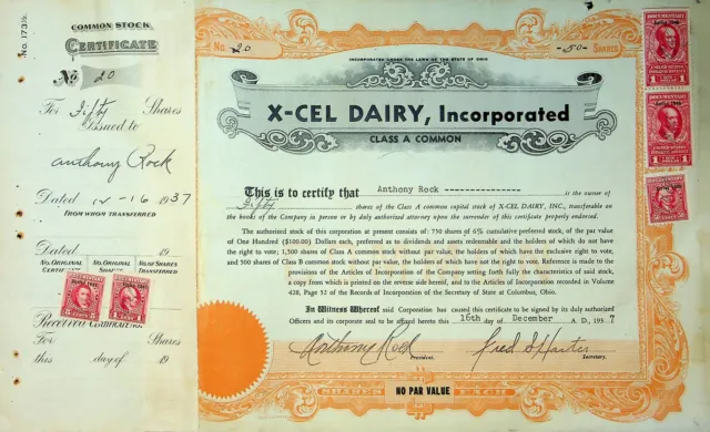 X-Cel Dairy Company Stock Certificate Bond Scripophilly Akron Ohio 1937 No 20 Y