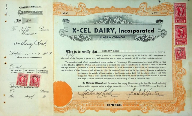 X-Cel Dairy Company Stock Certificate Bond Scripophilly Akron Ohio 1937 No 20 Y