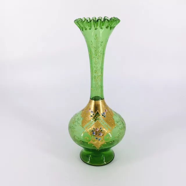 Czech Bohemian Uranium Glass Bud Vase Hand Blown Green Floral Vintage