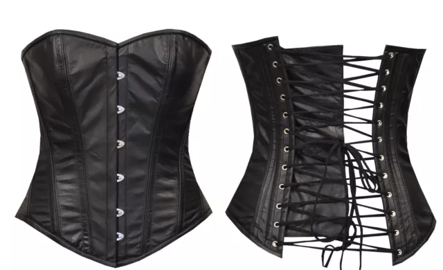 Overbust Victorian Full Steel Boned Bustier Gothic Black Leather Corset Korsett 2