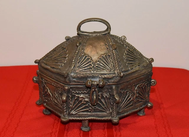 Dhokra Brass Betel Nut Container Gorgeous Patina Hinged Lid Handmade India